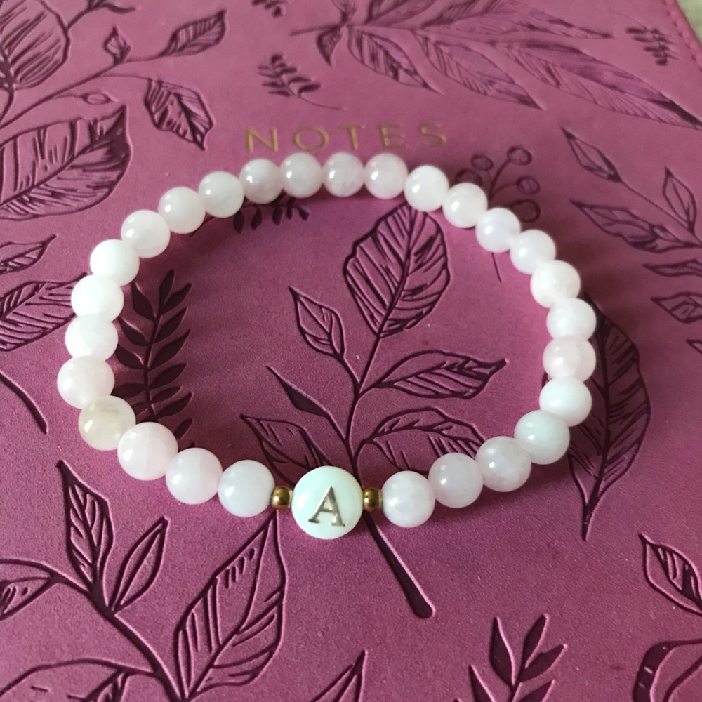 Customizable Rose Quartz Bracelet with Initial Charm.